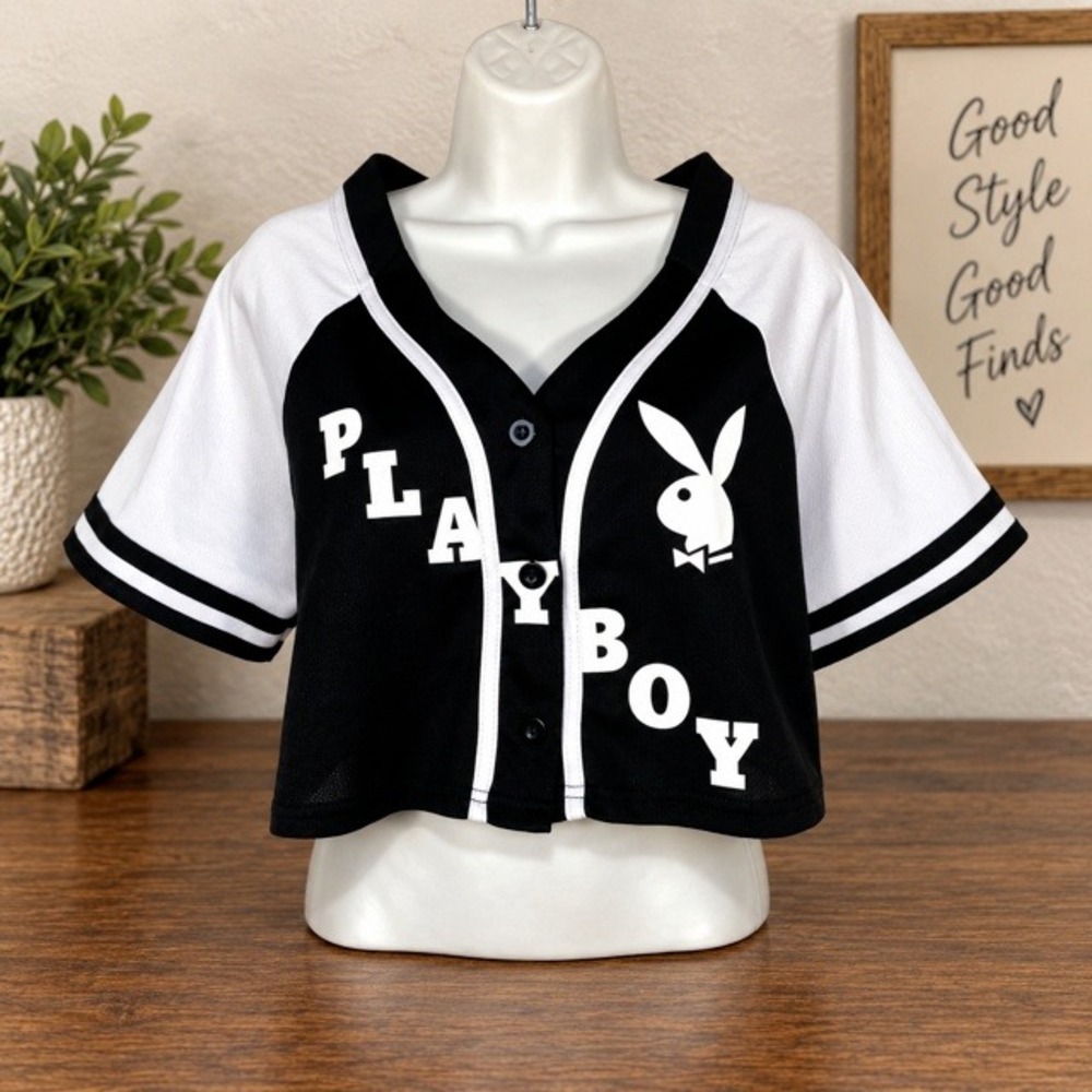 Playboy Womens L Cropped Baseball Jersey Black White Bunny Logo Button Front